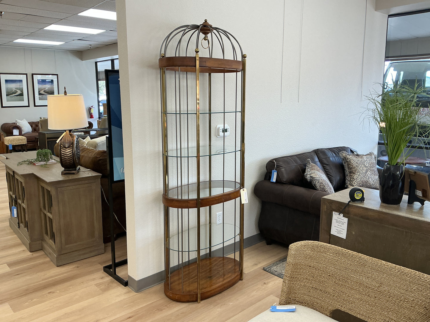 Vintage Wood & Brass Birdcage Etagere