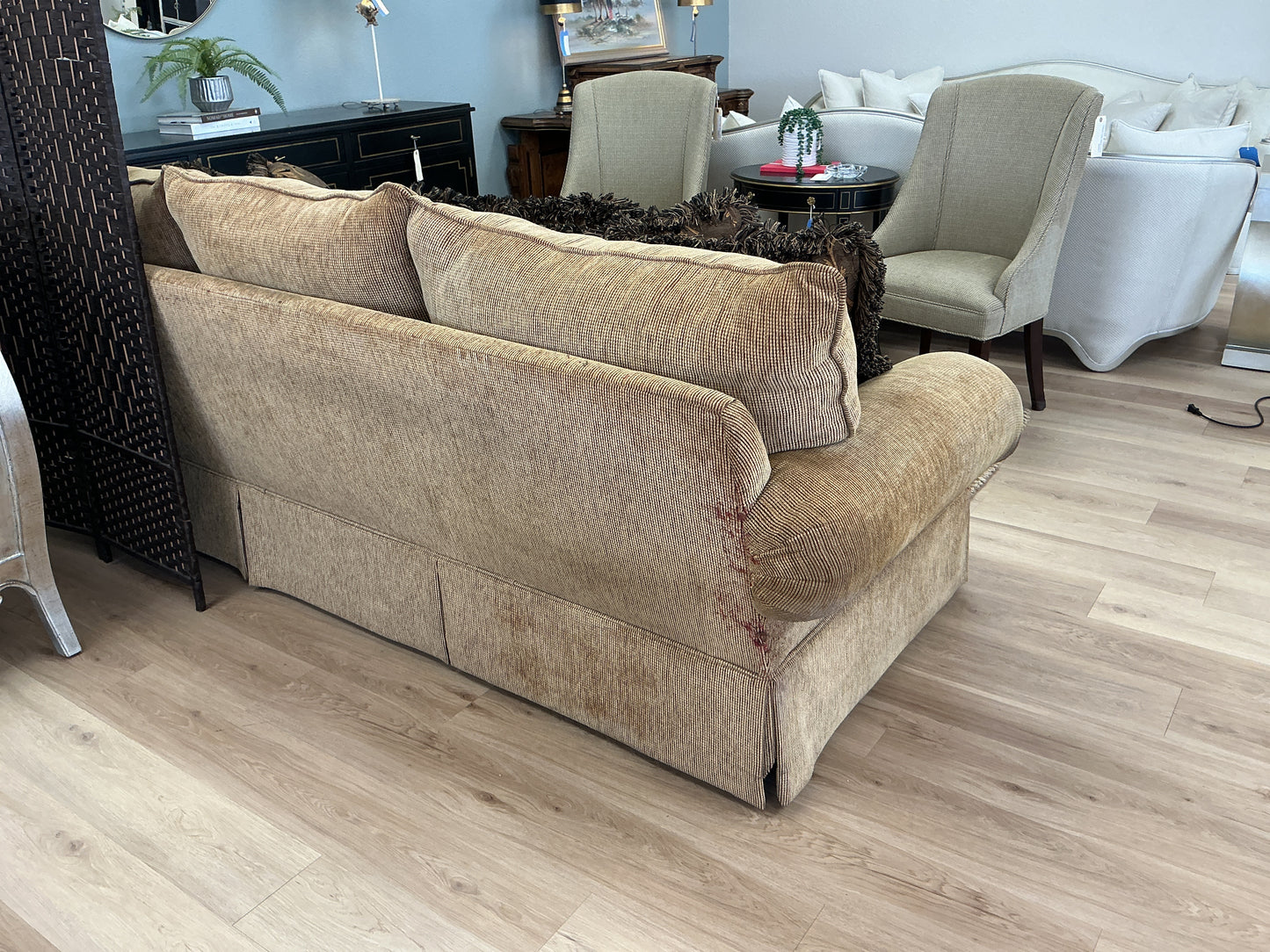 Gold Toned Skirted Sofa w/ 5 Accent Pillows