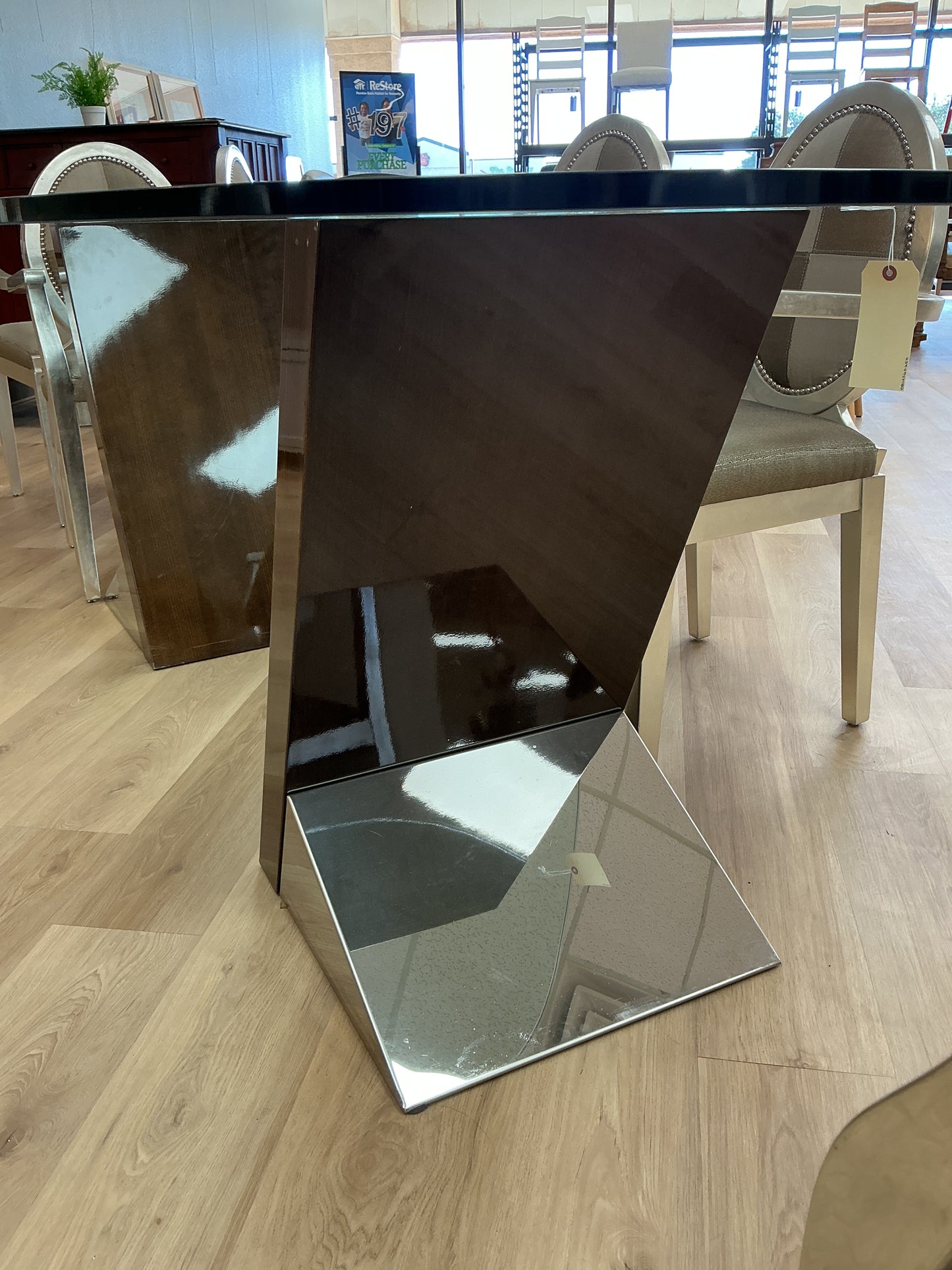 Modern Glass Dining Table w/Geometric Wood Base