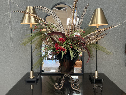 Faux Floral/Feather Arrangement w/Metal Vase