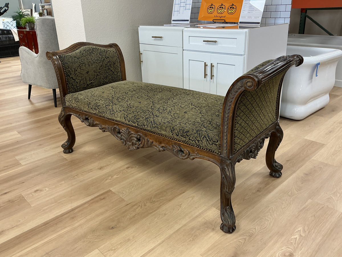 Vintage Carved Wood Upholstered Bench