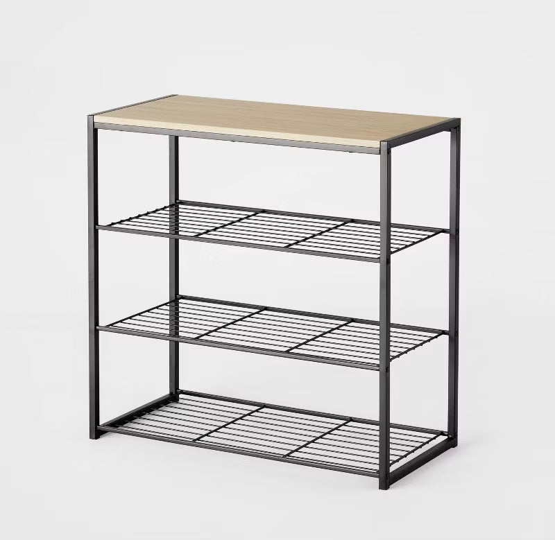4 Tier Metal Shoe Rack w/Natural Wood
