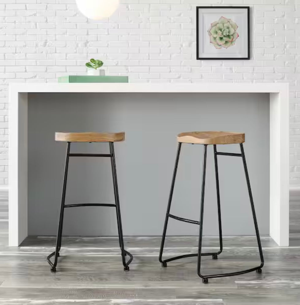 Modern Black Metal Backless Wood Barstools (Set of 2)