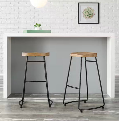 Modern Black Metal Backless Wood Barstools (Set of 2)
