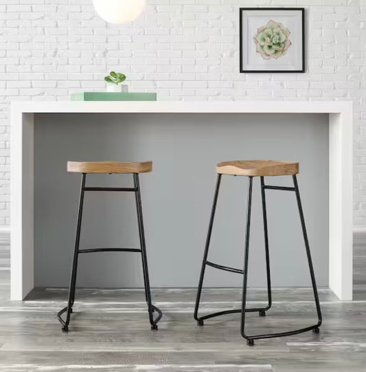 Modern Black Metal Backless Wood Barstools (Set of 2)