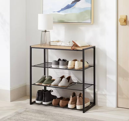 4 Tier Metal Shoe Rack w/Natural Wood