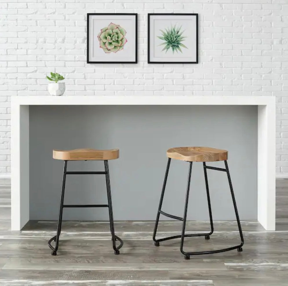 Modern Black Metal Backless Wood Counter Stools