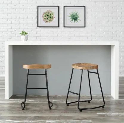 Modern Black Metal Backless Wood Counter Stools