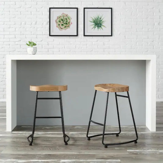 Modern Black Metal Backless Wood Counter Stools