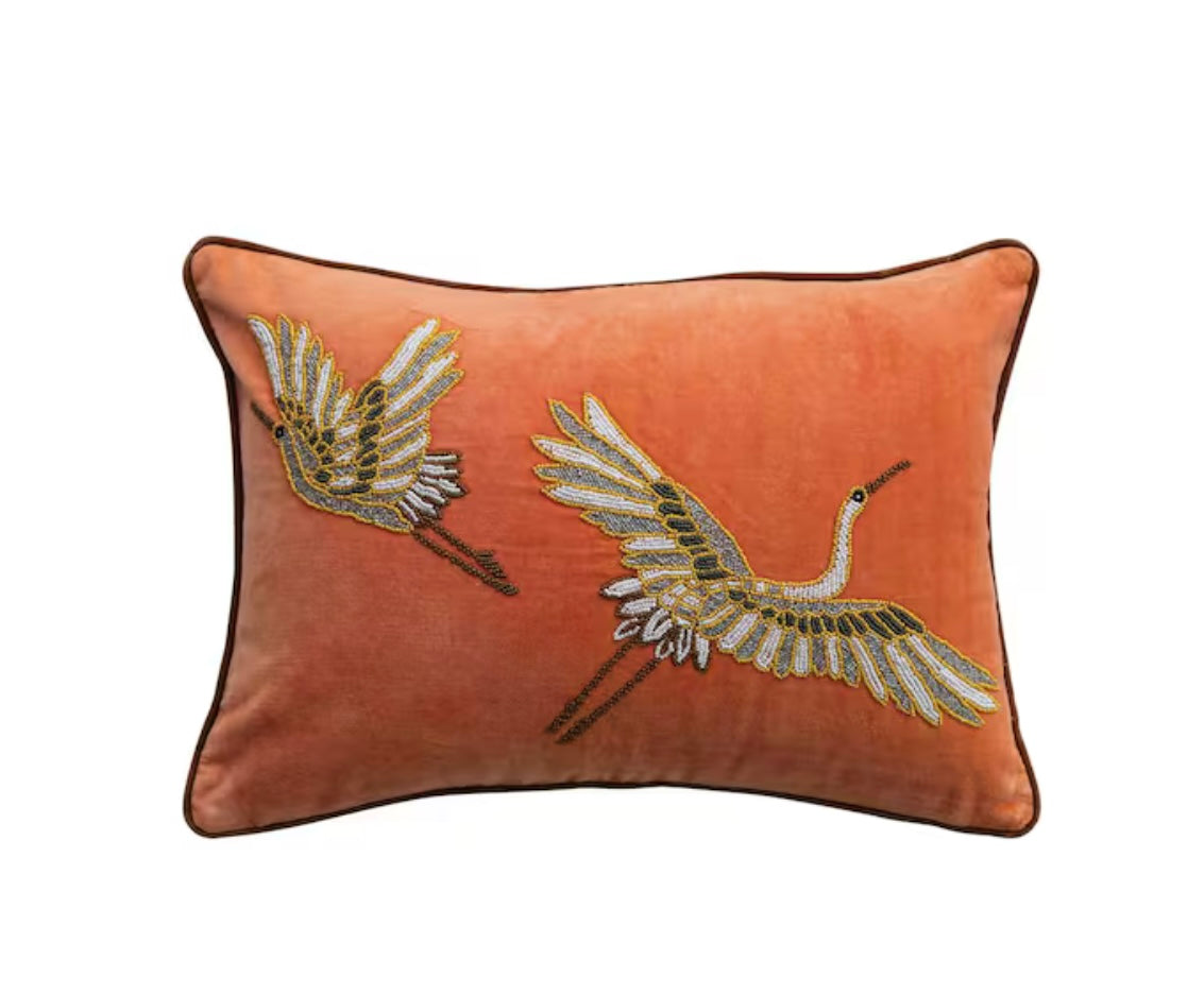Cotton Velvet Lumbar Pillow w/Embroidered Herons