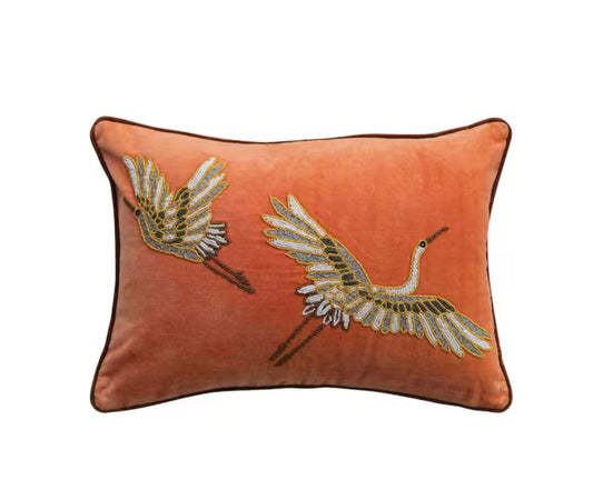 Cotton Velvet Lumbar Pillow w/Embroidered Herons