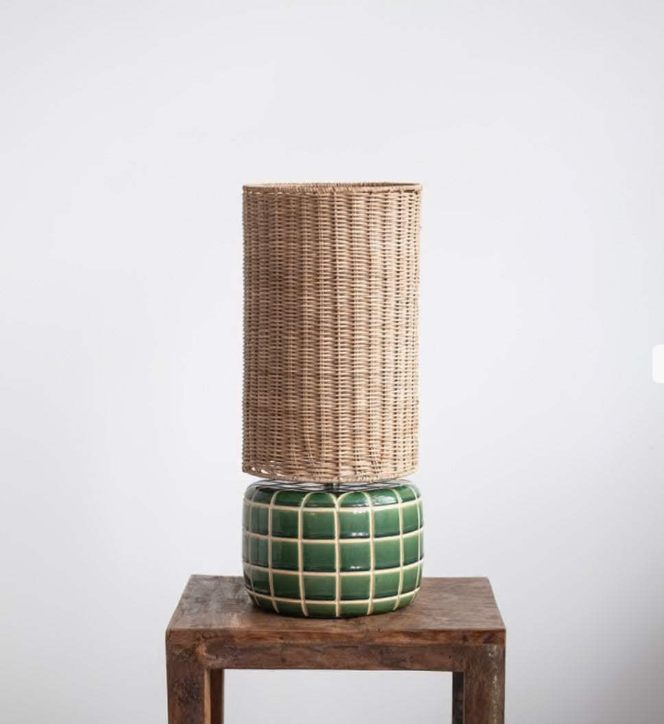Ceramic Tiled Table Lamp w/Rattan Shade
