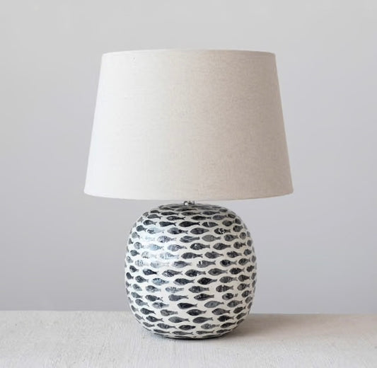 Capiz & Bamboo Table Lamp w/Fish Pattern