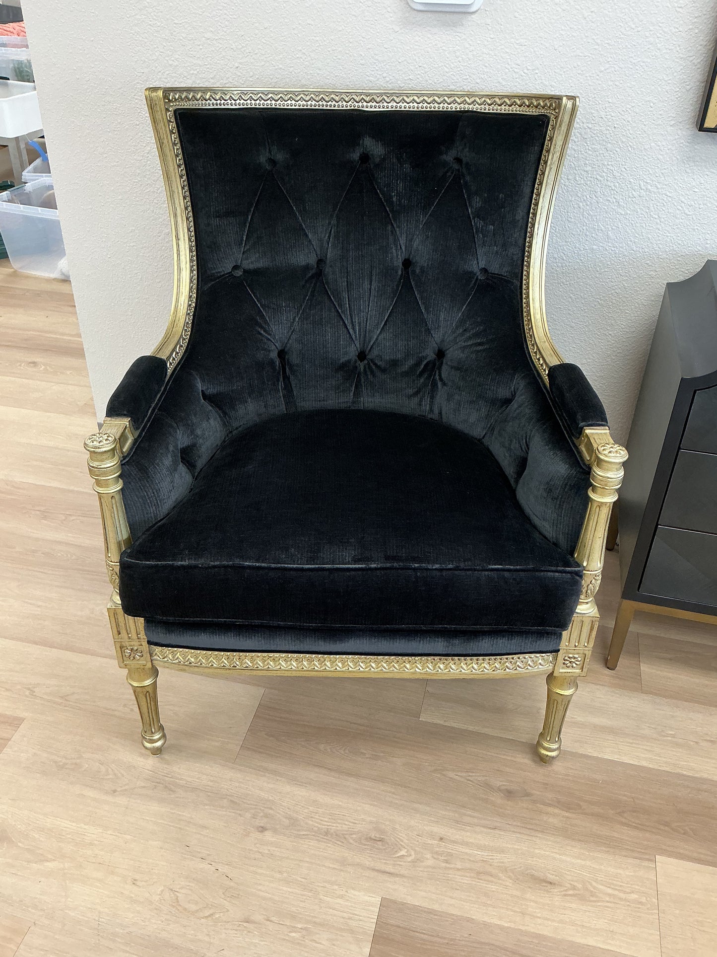 Century Black Velvet Gilded Gold Armchair