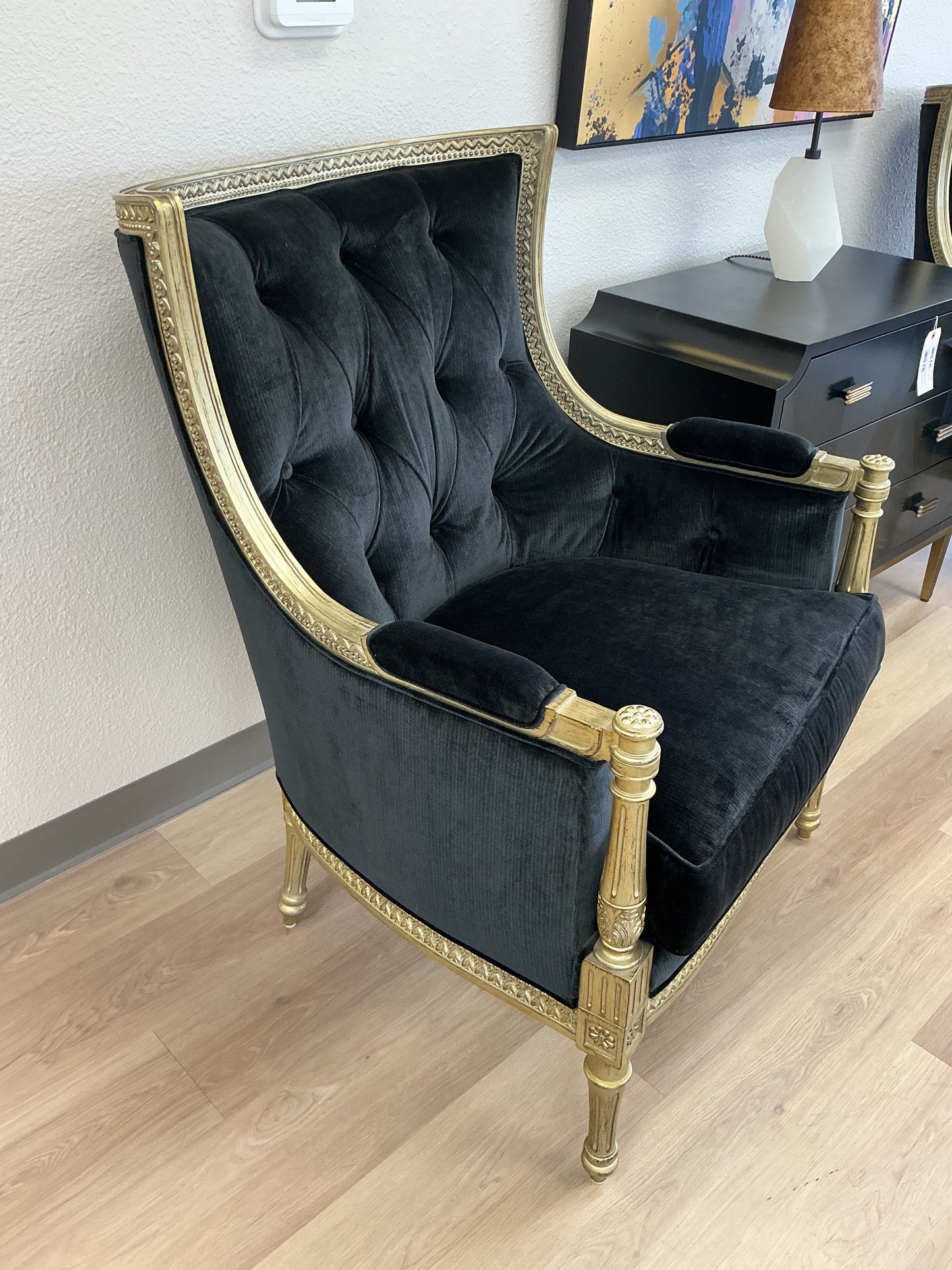 Century Black Velvet Gilded Gold Armchair