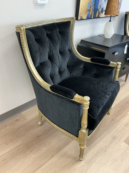 Century Black Velvet Gilded Gold Armchair