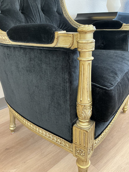 Century Black Velvet Gilded Gold Armchair