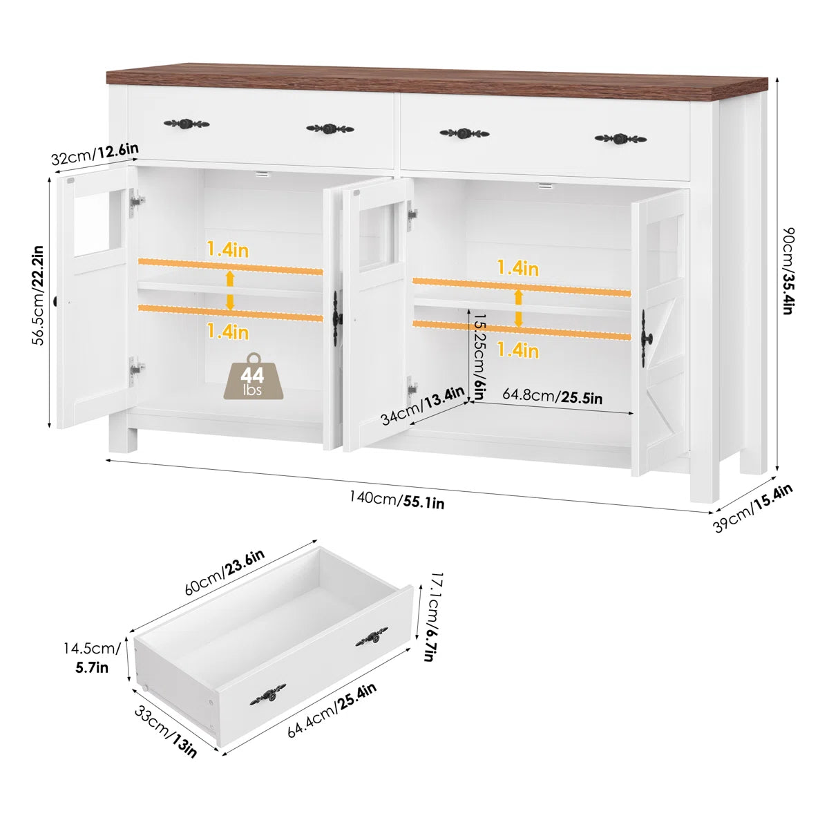 Almus 55” Sideboard w/4 Glass Doors