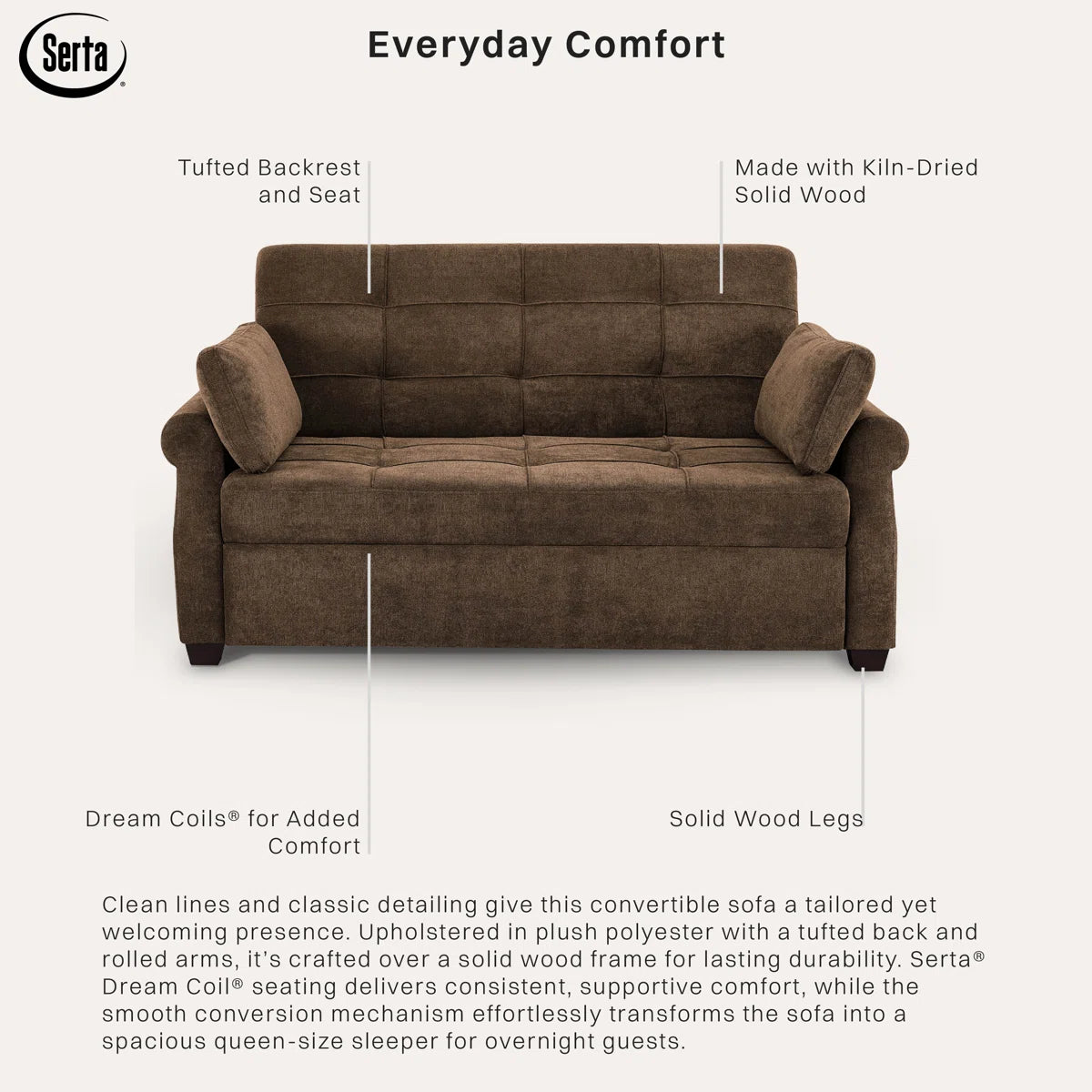 Serta Sabrina 73” Tufted Back Queen Convertible Sleeper Sofa